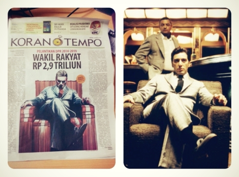 Halaman Depan Koran Tempo 1 Oktober 2014 dan foto Michael Corleone (Al Pacino) dalam film The Godfather.